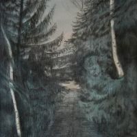 "Waldweg mit zwei Birken", Aquarell und Bleistift auf Papier, 29,7 x 21 cm, 2023