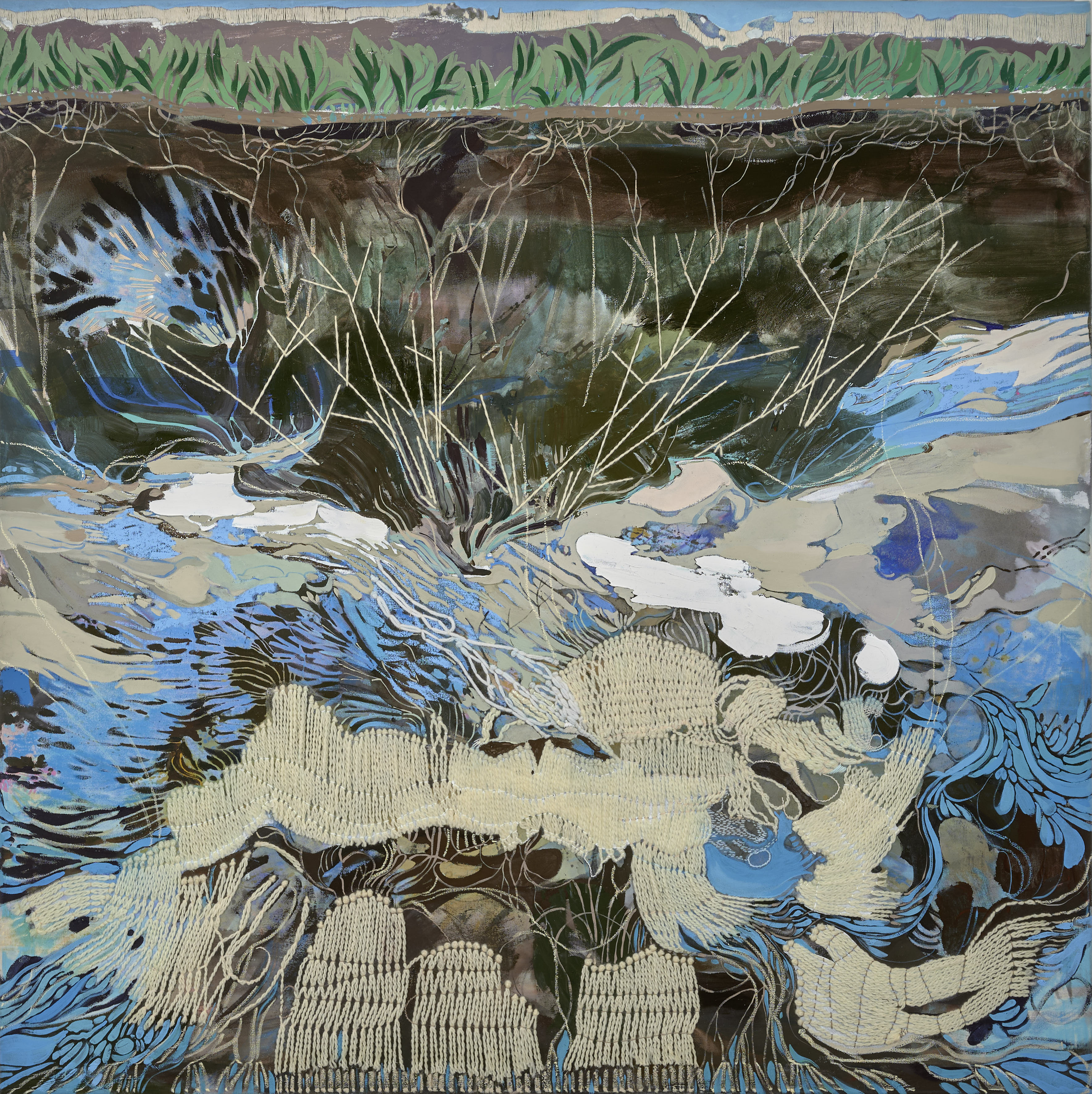 Karen Clasen, wurzeln, 2022, Öl, Acryl, Linoldruckfarbe, Tusche, Kreide, Wolle auf Leinwand, 140 x 140 cm.jpg